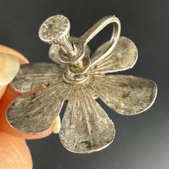 Vintage Blue Enamel Flower Sterling Silver Screw back Earrings - Picture 11 of 13